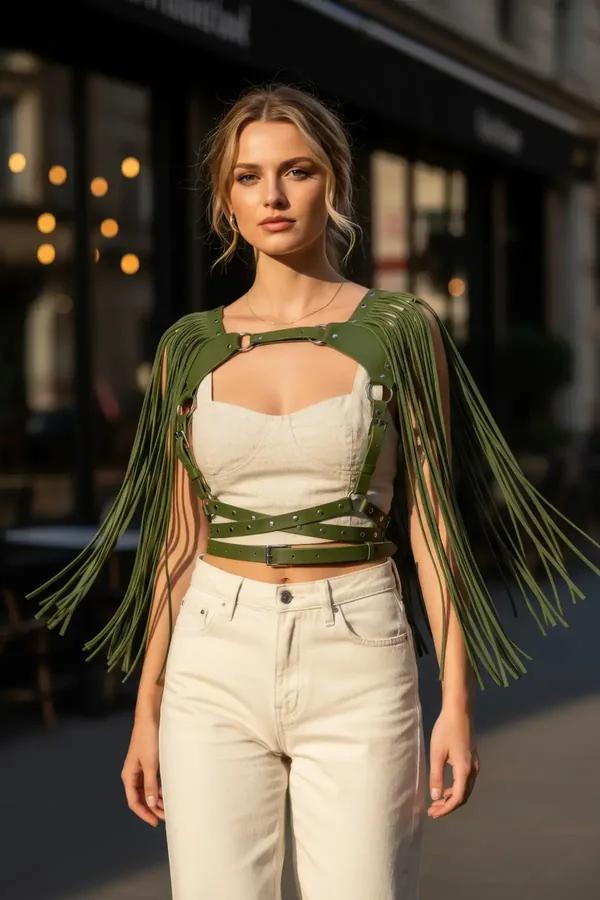 Faux Leather Fringe Chest Harness with Studs