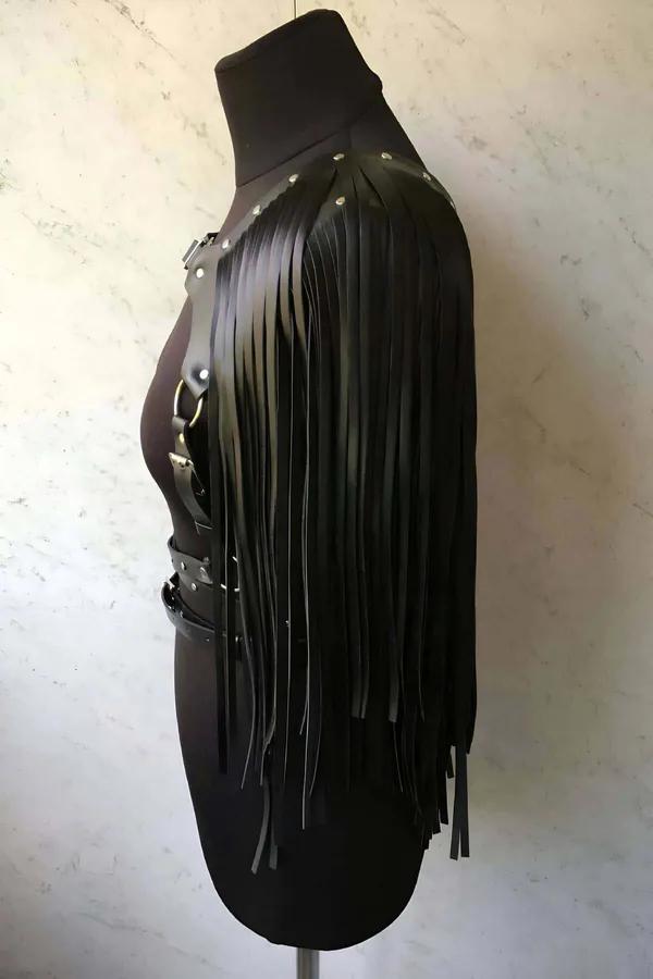 Faux Leather Fringe Body Harness with Studded Belt