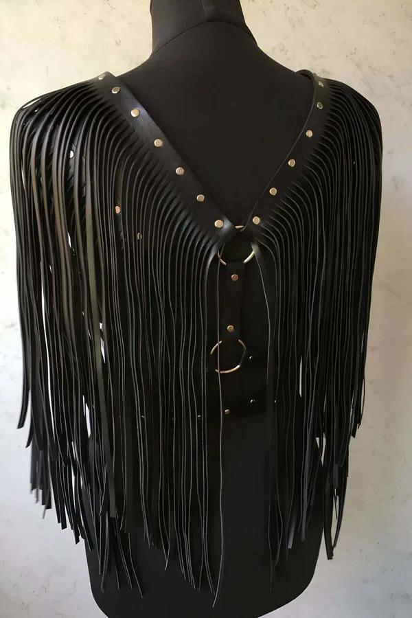 Faux Leather Fringe Body Harness with Studded Belt