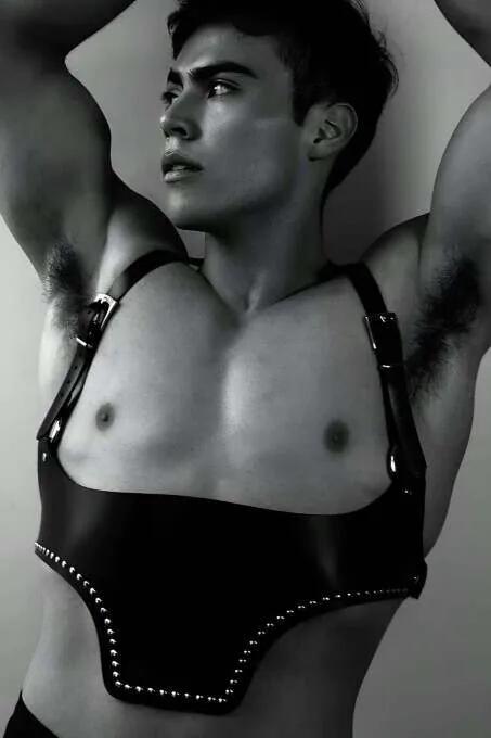 Black Faux Leather Underbust Harness Men Silver Stud Trim Adjustable Straps