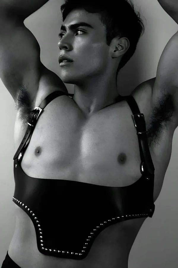 Black Faux Leather Underbust Harness Men Silver Stud Trim Adjustable Straps