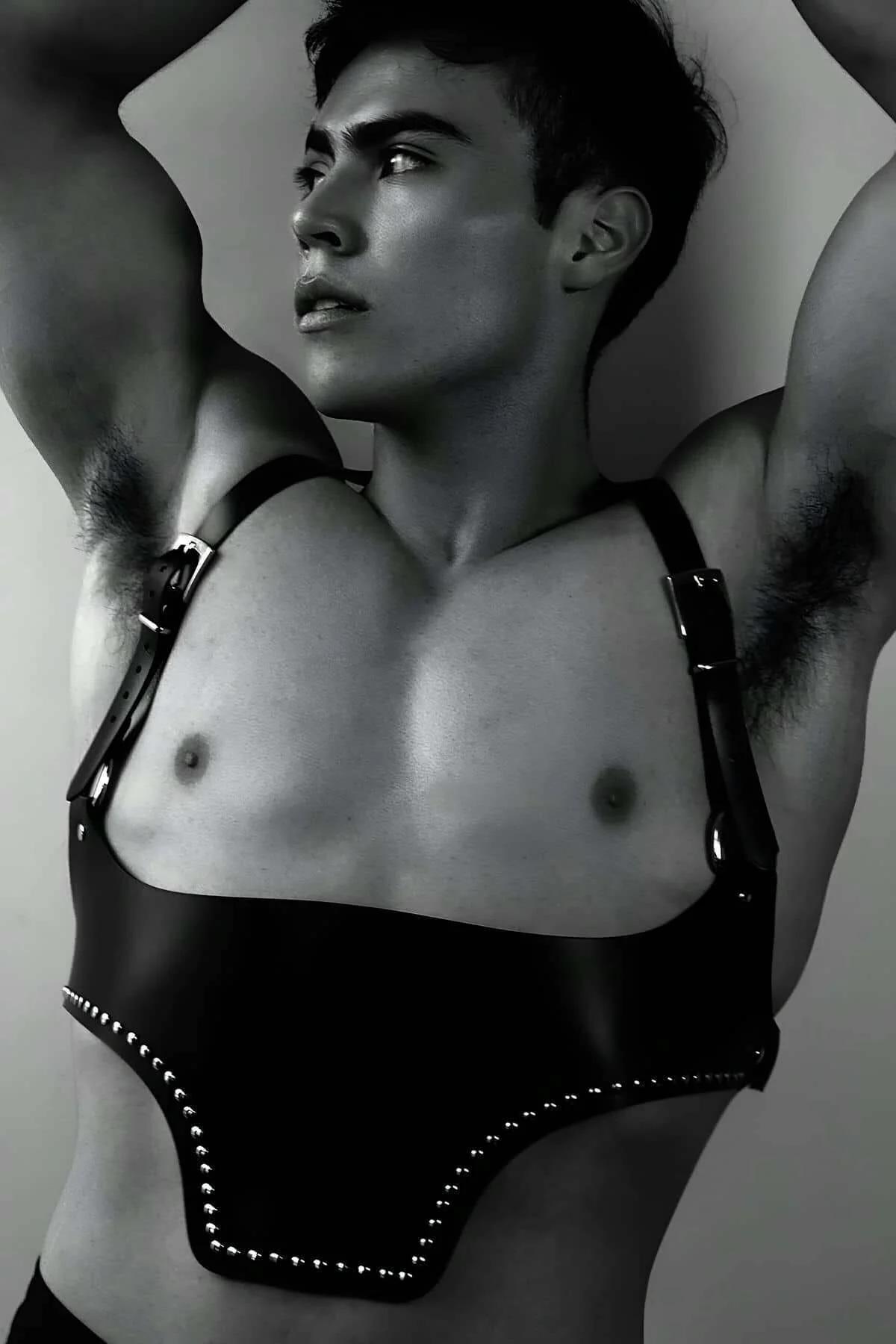 Men's Harness Side Profile Adjustable Shoulder Straps Metal Buckles Black Leather Underbust Lingerie with Silver Stud Trim