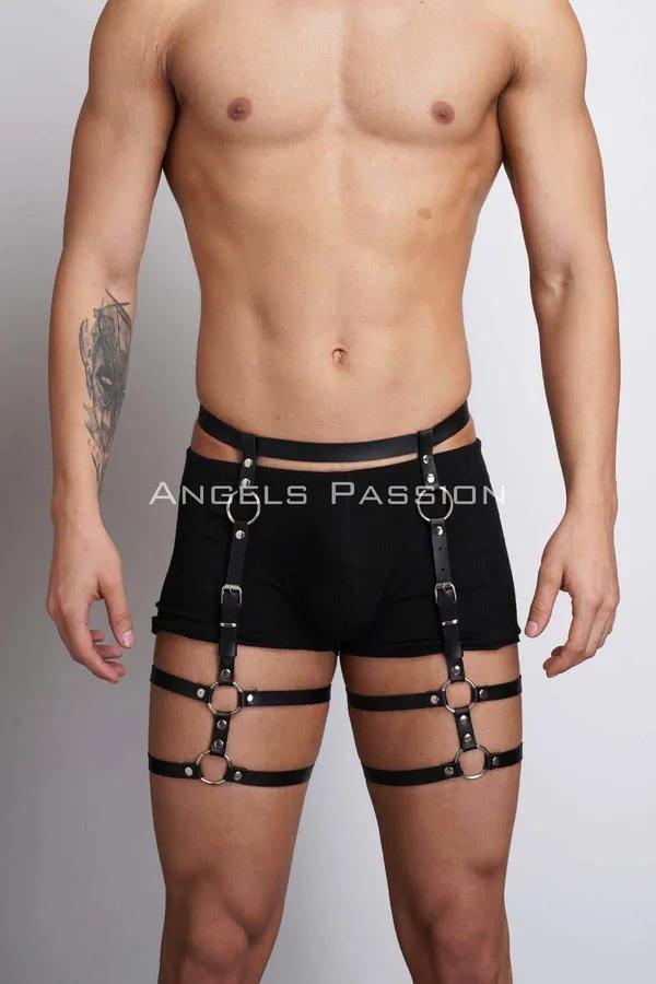 Siyah vegan deri erkek bacak harness bel ve uyluk O-ring gümüş perçin kot üzeri aksesuar