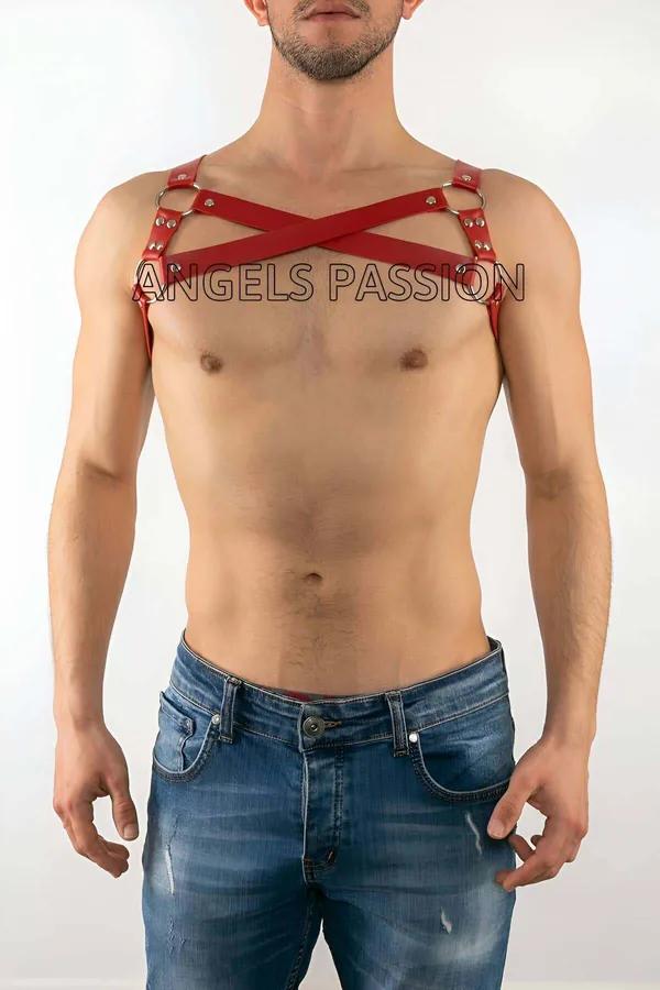 Red Faux Leather Chest Harness with O-Ring Detail