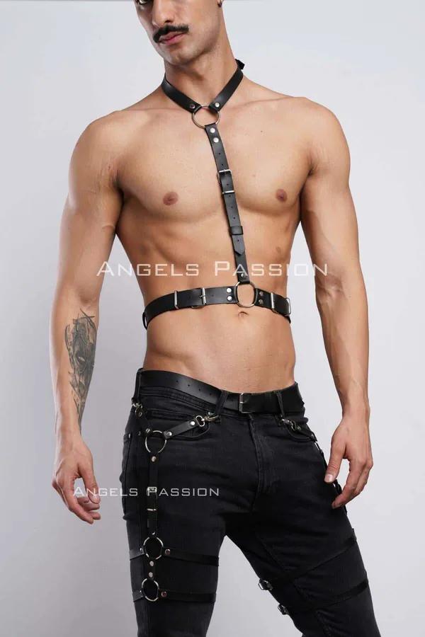 siyah vegan deri erkek göğüs ve bacak harness seti, gümüş O-ring ve toka donanımlı, clubwear partywear