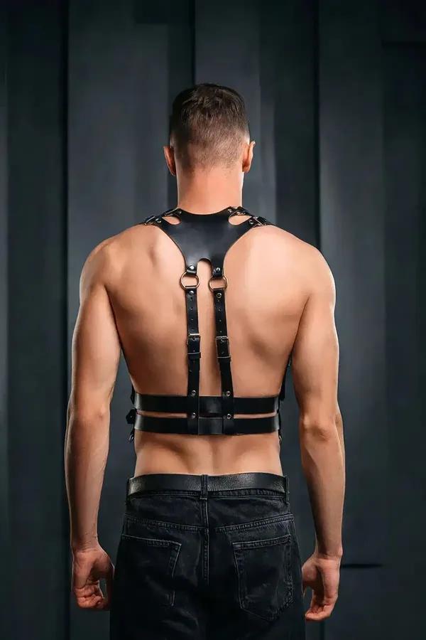 Black Faux Leather Chest Harness with O-Rings