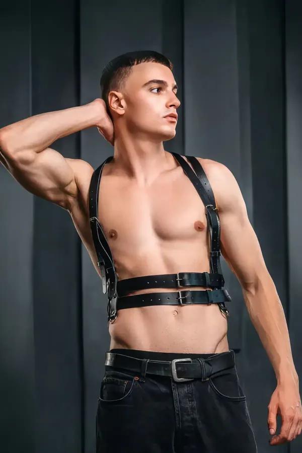 Black Faux Leather Chest Harness with O-Rings