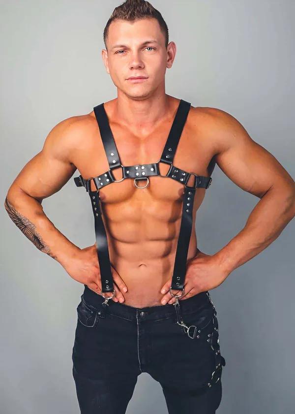 Faux Leather Adjustable Chest Harness with Rivet Detail