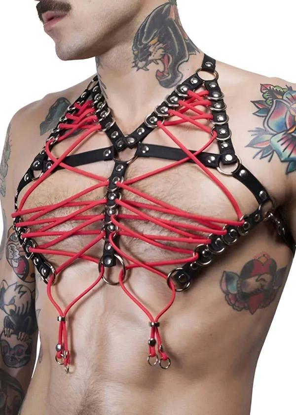 Red Lacing Chest Harness with O-Ring Details