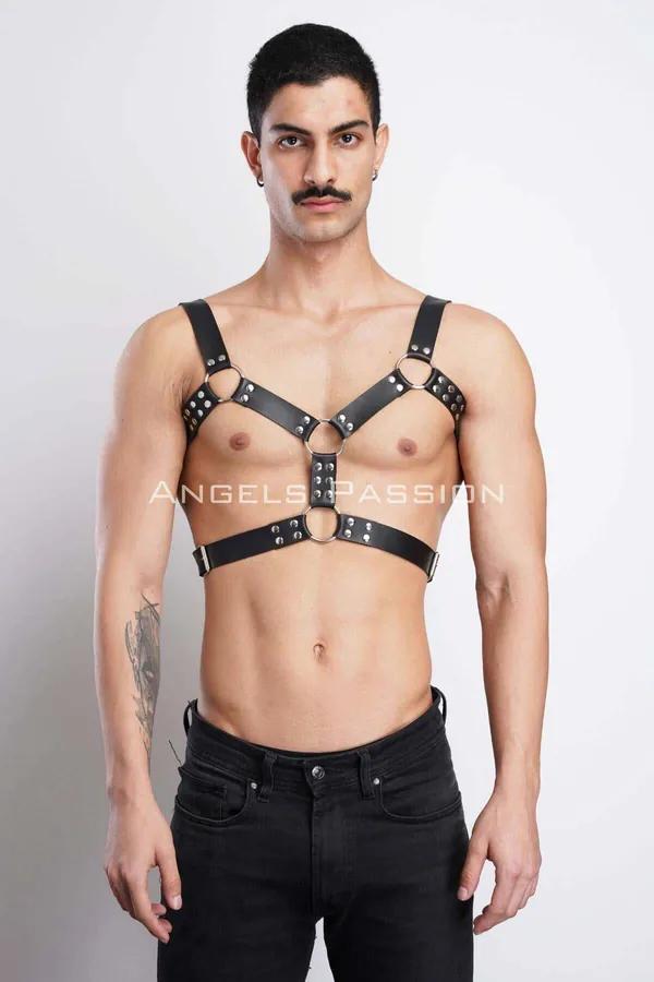 siyah vegan deri erkek göğüs harness gümüş O-ring ve perçin detaylı, parti aksesuar
