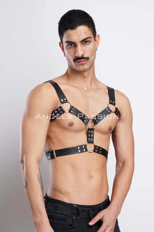 siyah vegan deri erkek göğüs harness gümüş O-ring ve perçin detaylı, parti aksesuar