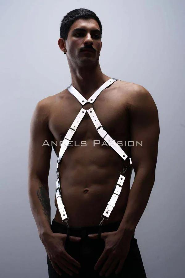 reflektörlü beyaz göğüs harness X-kesim pantolon askısı erkek clubwear metal tokalı