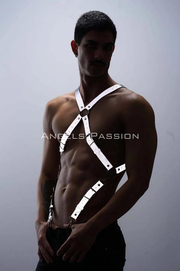 reflektörlü beyaz göğüs harness X-kesim pantolon askısı erkek clubwear metal tokalı
