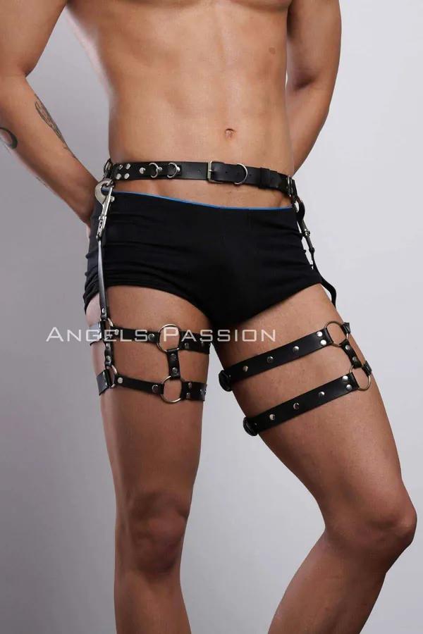 Erkek bacak harness siyah vegan deri gümüş O-halka bel kayışlı uyluk bandı