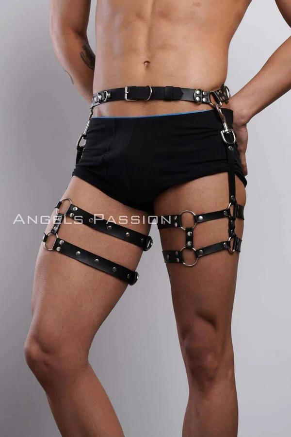 Erkek bacak harness siyah vegan deri gümüş O-halka bel kayışlı uyluk bandı