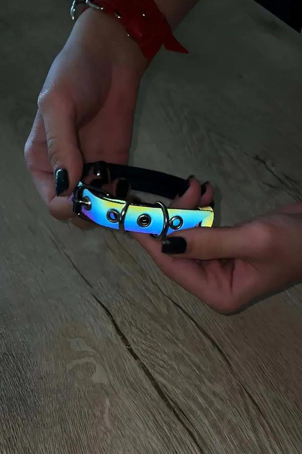 Siyah suni deri choker O-halkalı gümüş toka, elde tutulan minimalist boyun bandı