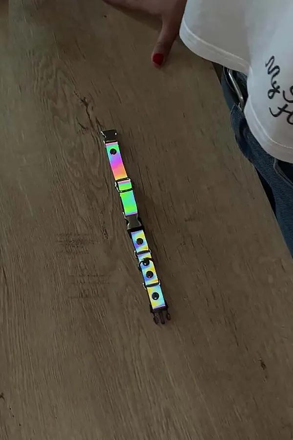 Gökkuşağı renk reflektörlü kedi boyun tasması holografik bant metal perçin ve D-halka donanım