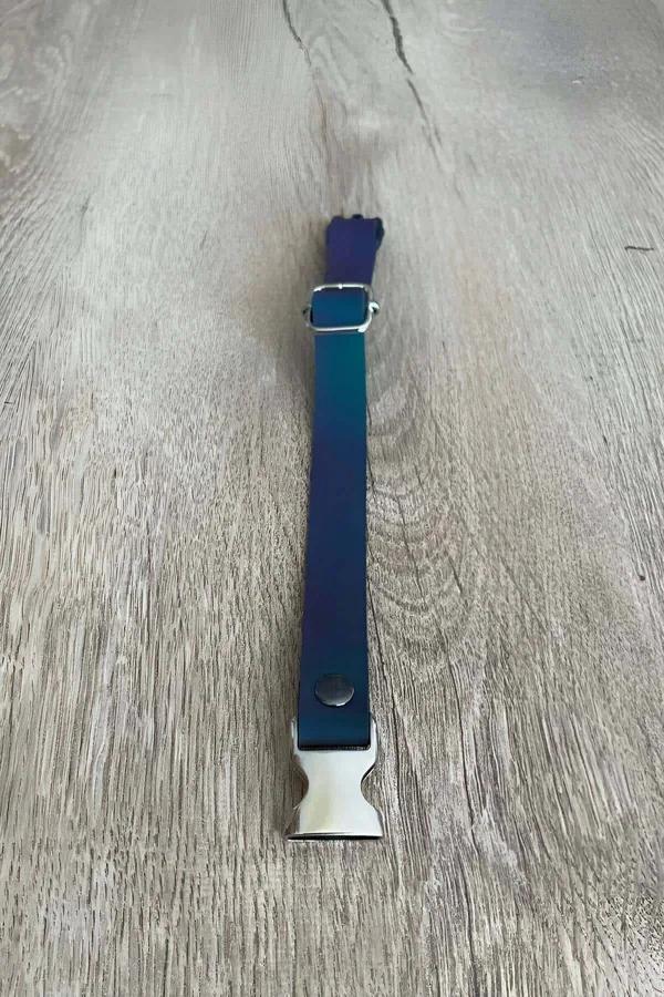 Reflektörlü kedi boyun tasması mavi PVC band gümüş çelik quick-release toka ve D-halka kaydırıcı
