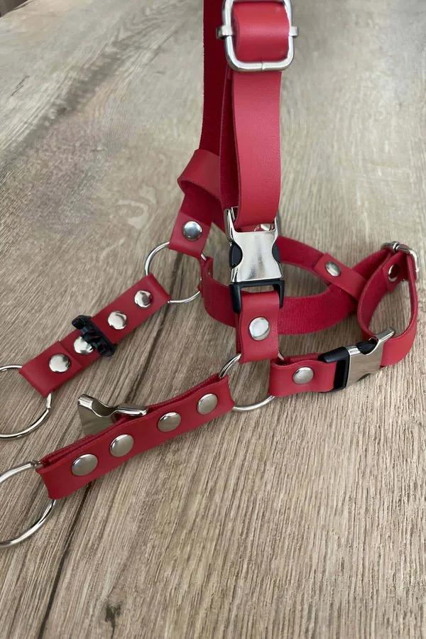 Red Faux Leather Cat Harness with O-Ring and Adjustable Straps