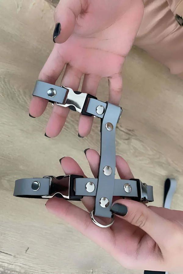 Reflektörlü beyaz panelli siyah bantlı kedi göğüs tasması çapraz H-bant tasarımı gezdirme seti