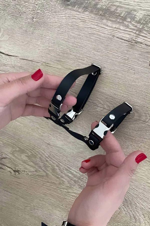 siyah vegan deri kedi göğüs harness seti gümüş metal toka ve perçin ayarlanabilir şerit