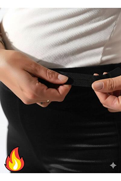 WAYS Kadın Siyah Kadife Velvet Hamile Pantolonu Önü Nervürlü Düz Bel Ayarlı Esnek & Rahat