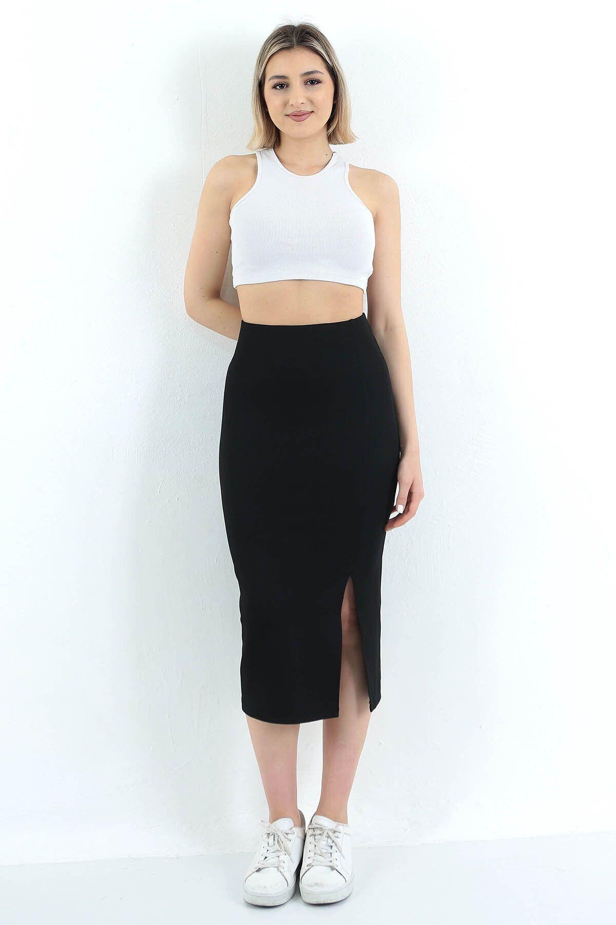 Black High-Waist Midi Skirt with Side Slit Stretch Fabric