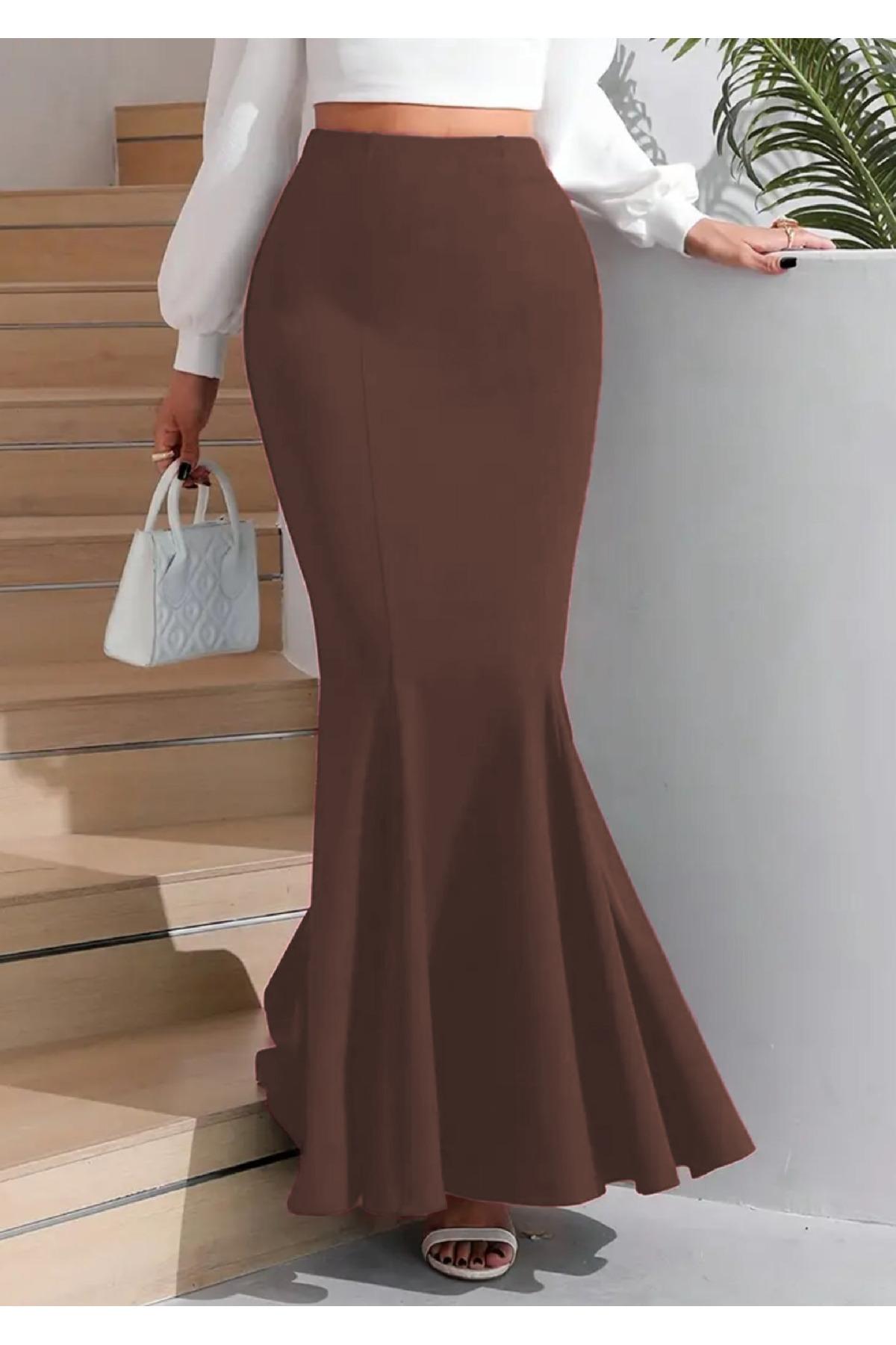 Chocolate Brown Mermaid Maxi Skirt High Waist Flared Hem with White Crop Top