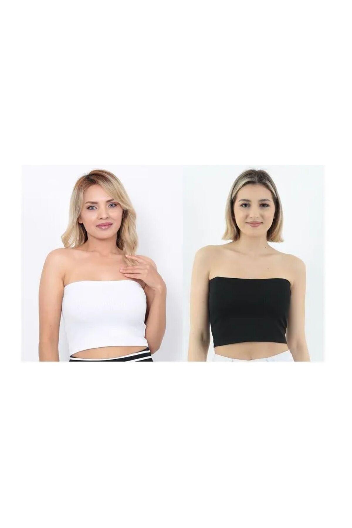 WAYS Kadın Siyah-Beyaz 2'Li Paket Fitilli Straplez Crop Büstiyer Günlük & Şık Üst Esnek Kumaş