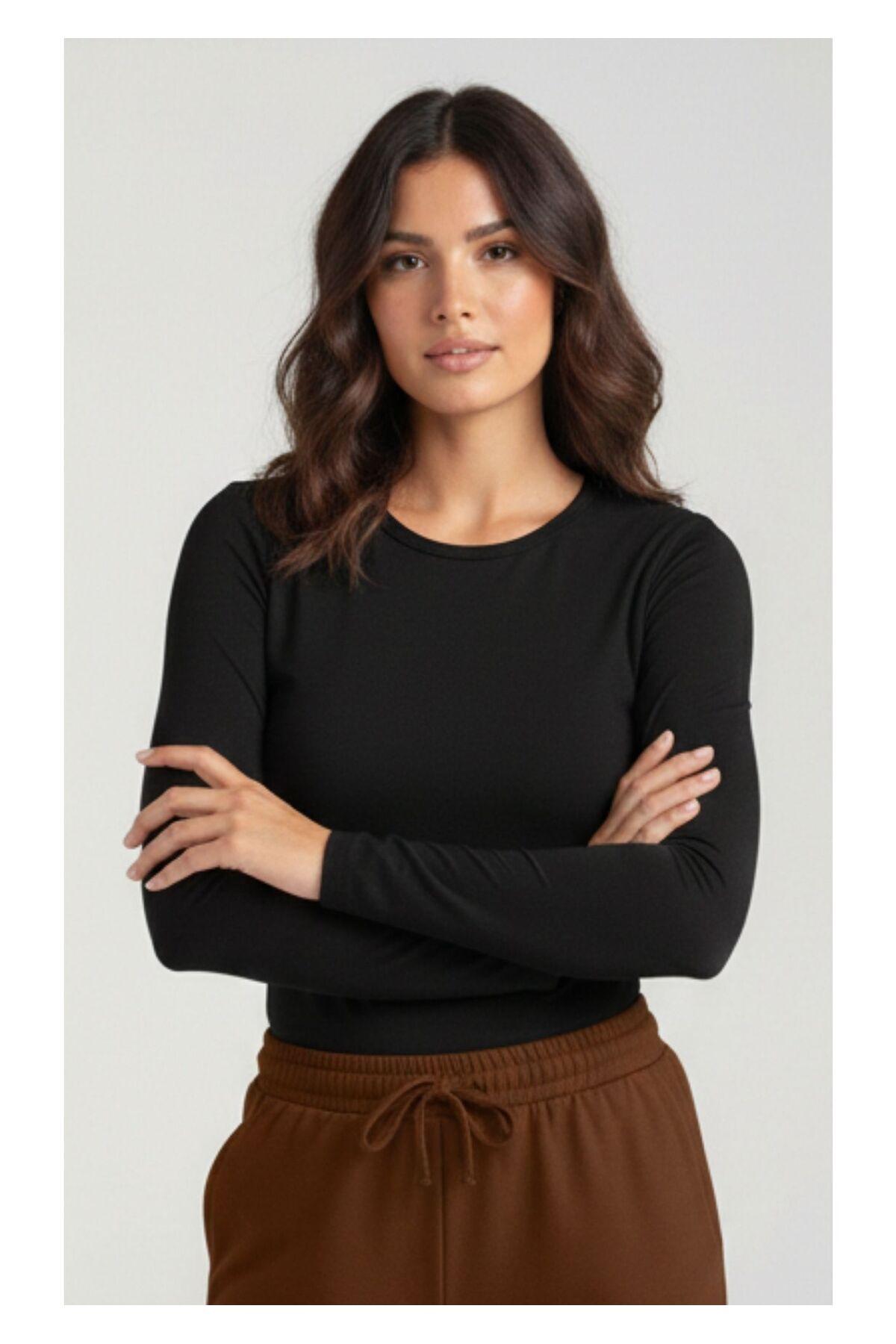 WAYS Kadın Siyah Bisiklet Yaka Viskon Pamuk Body Esnek Yumuşak Dokulu Basic Bluz