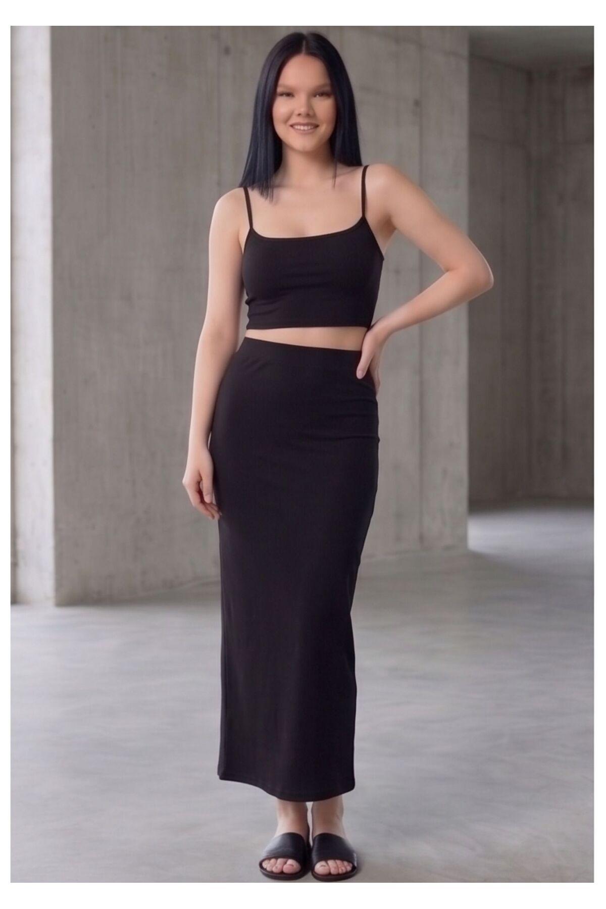 WAYS Kadın Siyah Dalgıç Kumaş Kalem Etek Maxi Boy Uzun Yırtmaçsız Düz Basic