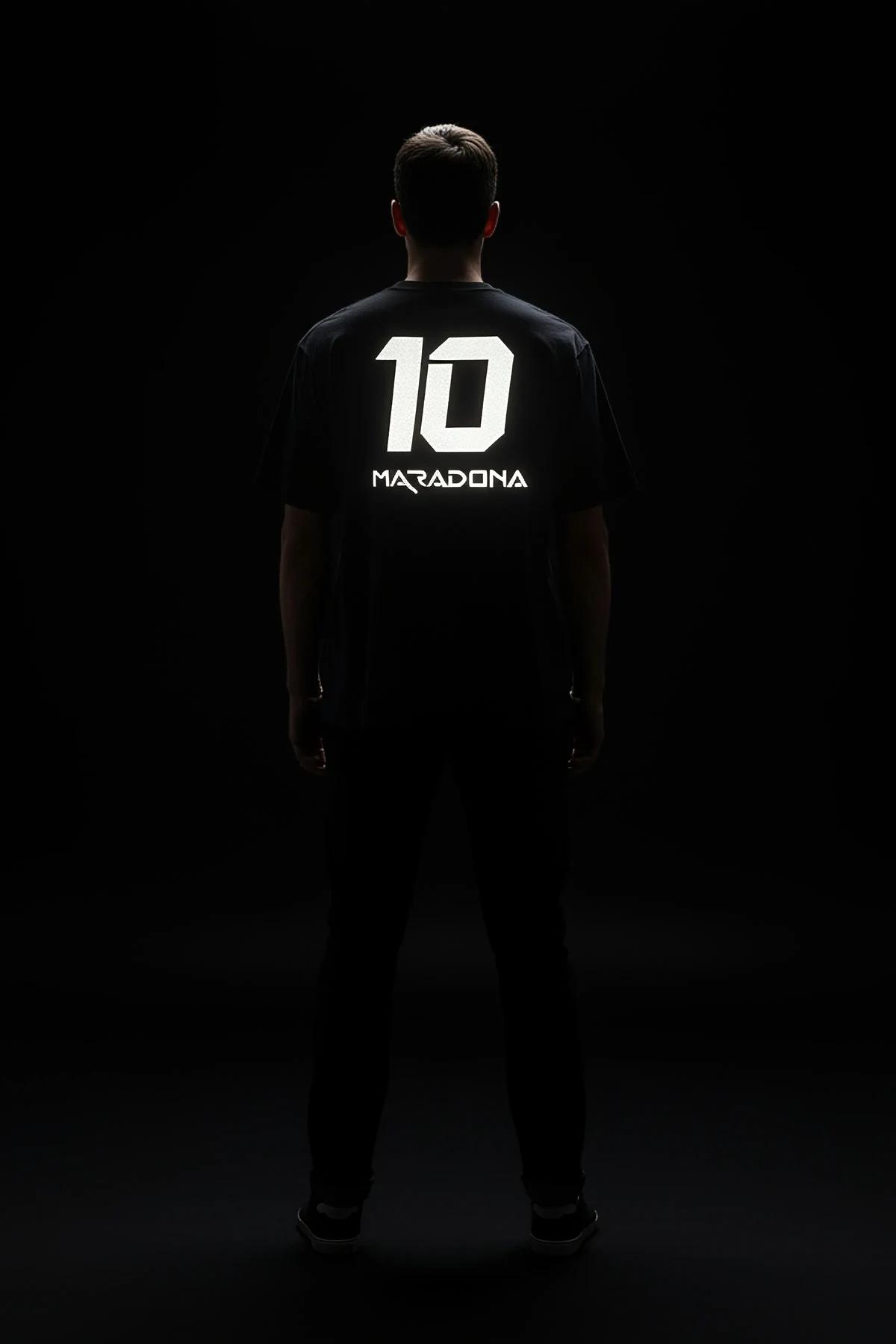 black oversized sport jersey back view with large white reflective number 10 and custom name print