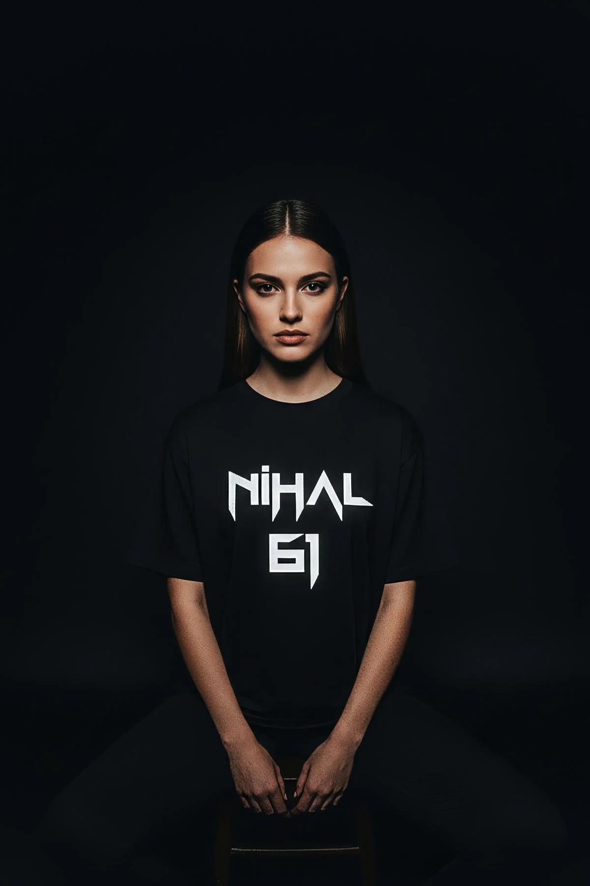 black oversized cotton tee with large reflective graphic print on chest, boxy dropped-shoulder fit