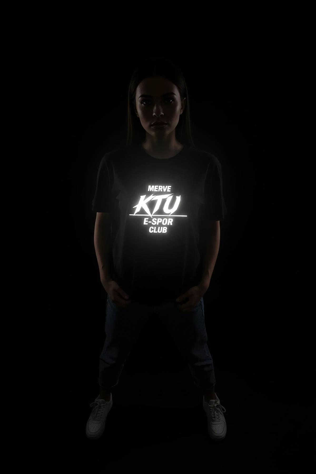 Black Reflective T-Shirt with Glowing Logo Print Women's Custom E-Sports Club Design