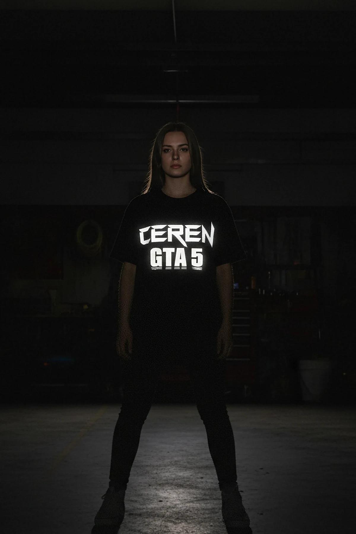Black Glow-In-The-Dark Ceren GTA 5 Oversized T-Shirt Women Front View Luminous Graphic