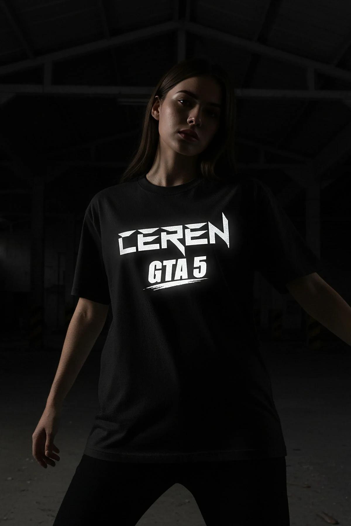 Black Glow-In-The-Dark Ceren GTA 5 Oversized T-Shirt Women Front View Luminous Graphic