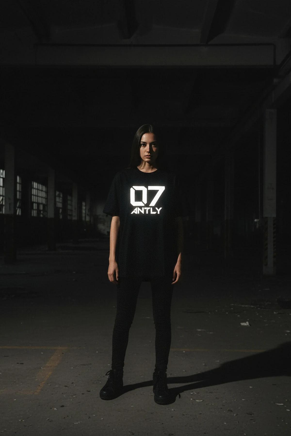 Black Reflective Logo T-Shirt Women Glowing ANTLY 07 Graphic Front View