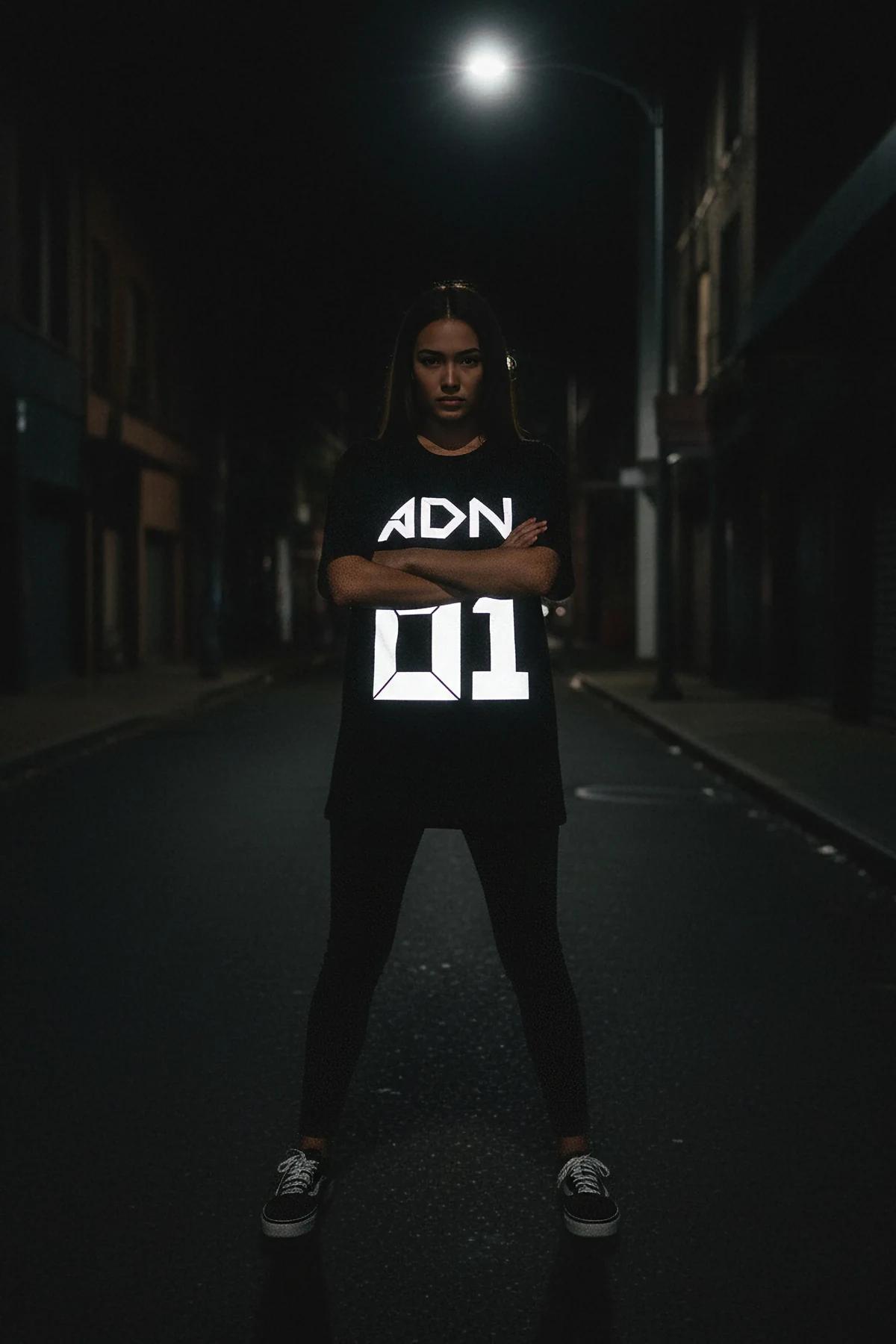 Black oversized t-shirt with white reflective 'ADN 01' graphic on front, worn by a woman.
