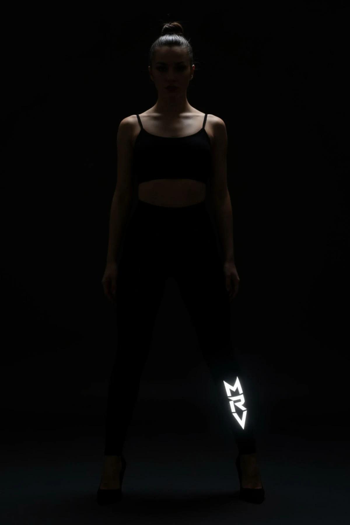Black High-Waisted Reflective Leggings with Glowing FT M Logo Women Nightwear