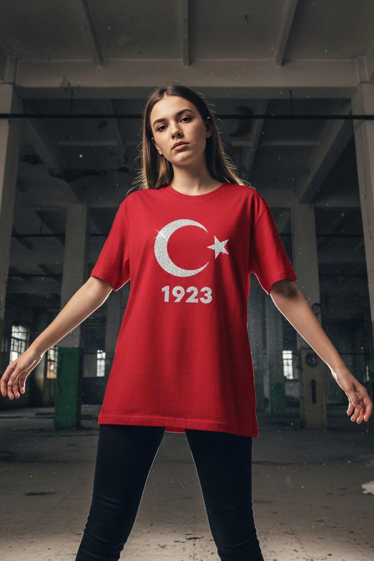 Red T-Shirt with Sparkling Crescent Moon, Star, and '1923' Emblem