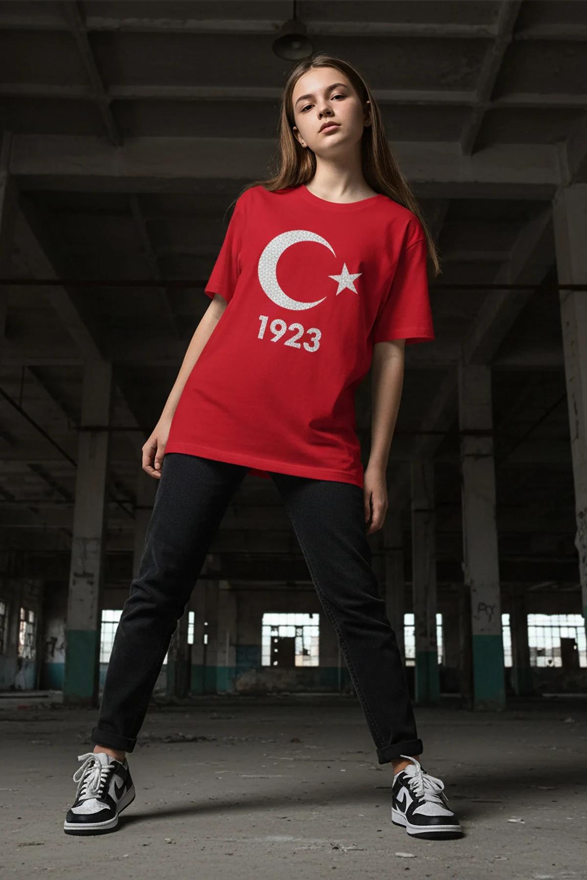 Red T-Shirt with Sparkling Crescent Moon, Star, and '1923' Emblem
