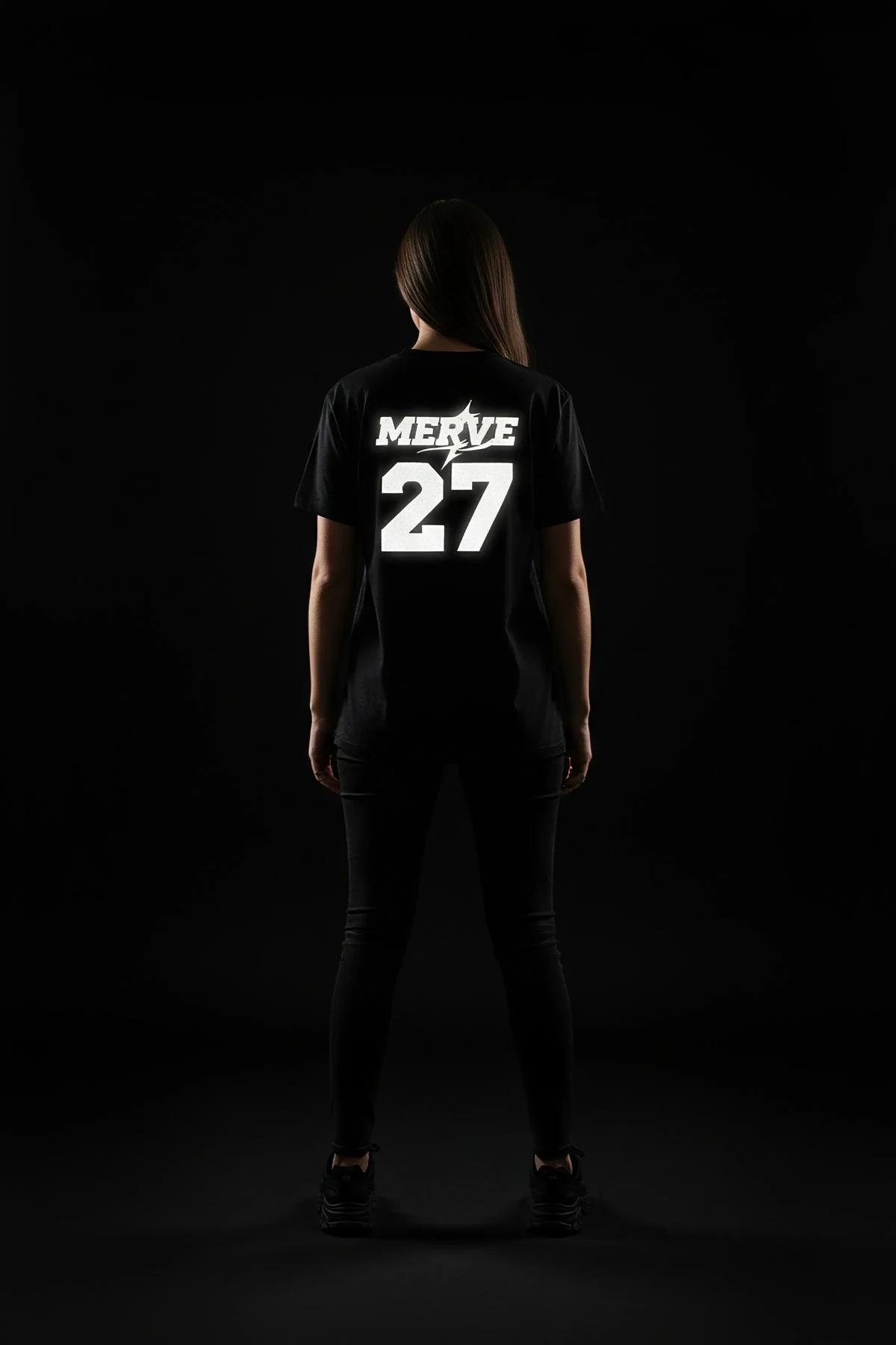 custom reflective graphic tee black oversized back view with bold white name and number lightning bolt print