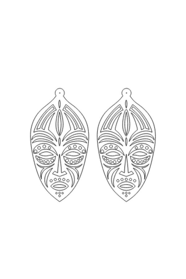 Reflektörlü lazer kesim etnik yüz küpe turkuaz ışık yansımalı oval tribal maske motifi karanlık arka plan