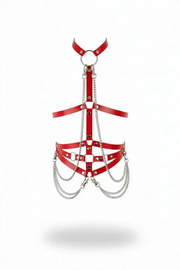 Red Faux Leather Body Harness with O-Ring & Draped Chains