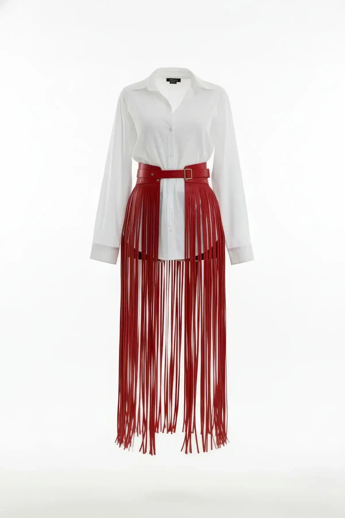 Red Faux Leather Fringe Waist Harness Skirt Overlay