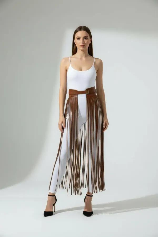 Faux Leather Waist Belt with Long Fringe Overlay
