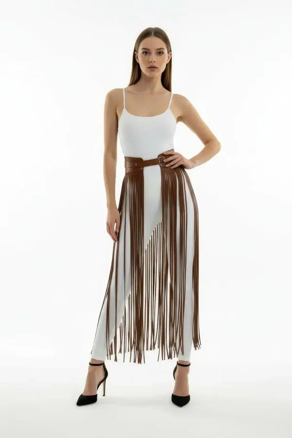 Faux Leather Waist Belt with Long Fringe Overlay