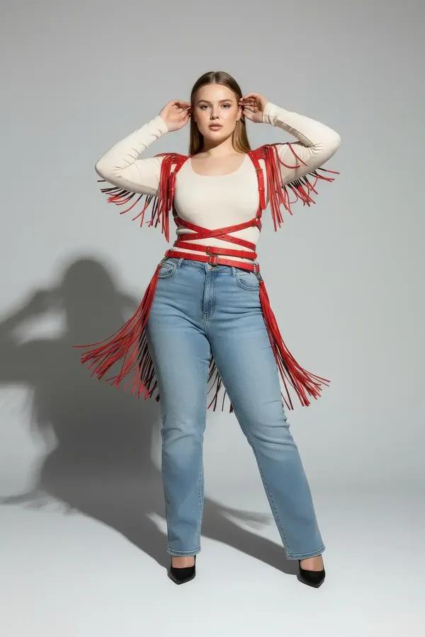 Red Fringed Faux Leather Body Harness with Caged Waist