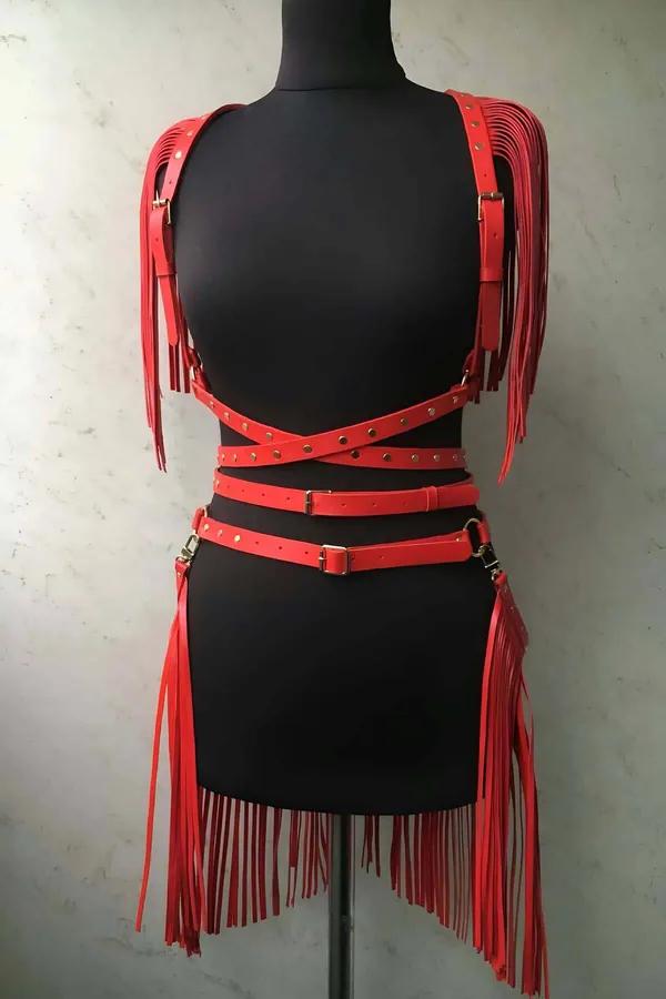 Red Fringe Faux Leather Harness Skirt & Shoulder Set