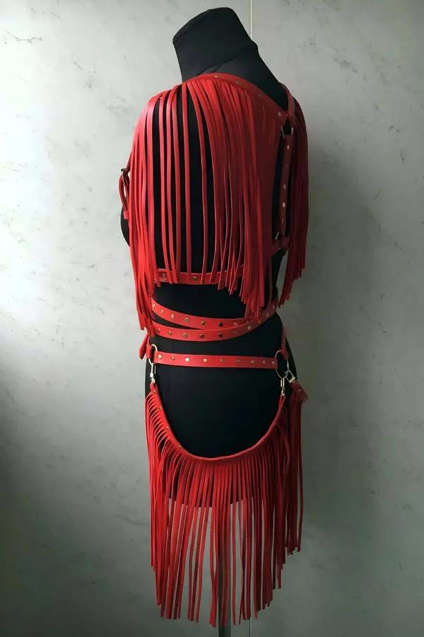 Red Fringe Faux Leather Harness Skirt & Shoulder Set